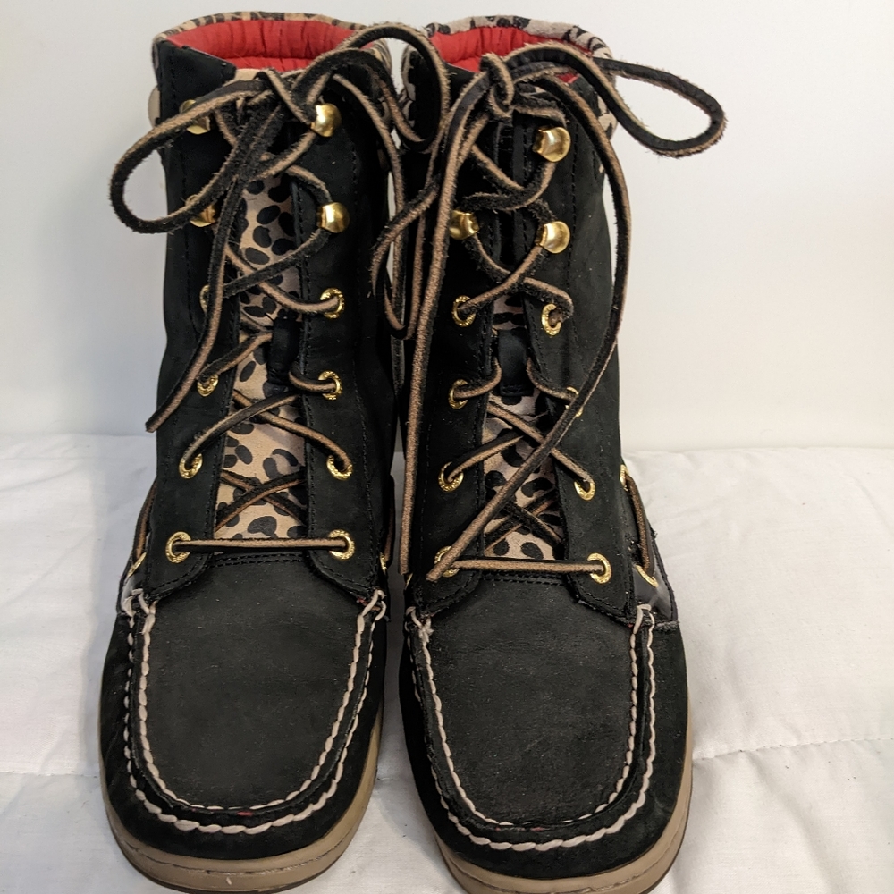 Sperry Black Suede Lace-Up Ankle Boots with Leopard Accent